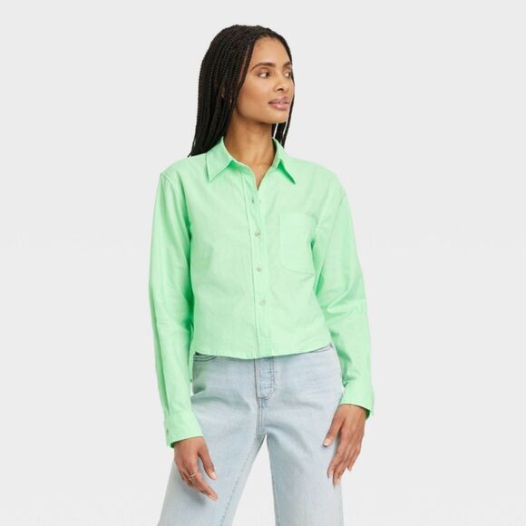 Women's Long Sleeve Collared Button-Down Shirt - Universal Thread Green L - Picture 1 of 4